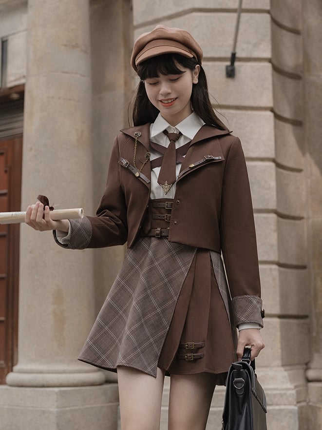 White Reaction Skirt Outfits Shirt Suspender Brown Overalls Detective Maillard Preppy / Plaid Little