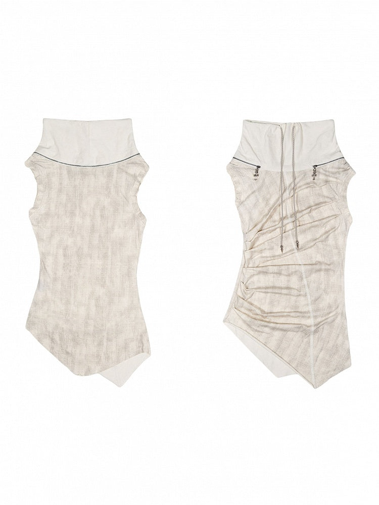 Vest Neckline Punk Apricot Multi-Wear with Zipper Drawstring Collar Asymmetrical