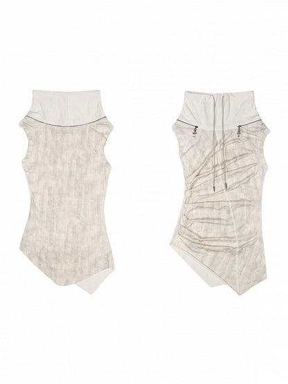 Vest Neckline Punk Apricot Multi-Wear with Zipper Drawstring Collar Asymmetrical