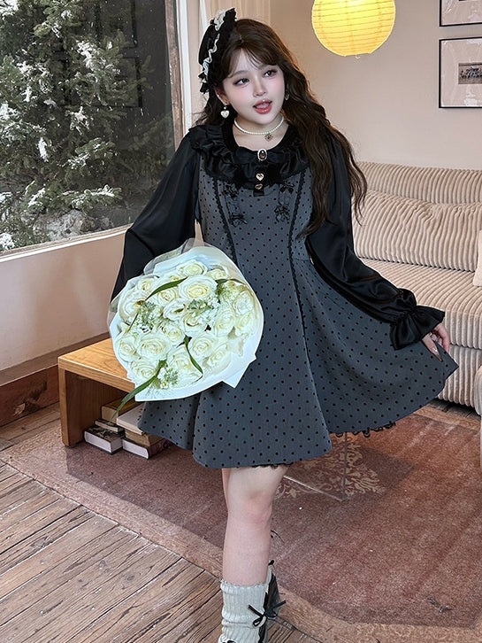 Plus Size Grey Bow Accents High Waist Polka-dot Pattern Dress