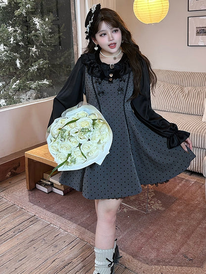 Plus Size Grey Bow Accents High Waist Polka-dot Pattern Dress