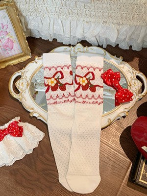 Socks Floral Blue Calf Bow Strawberry Pink/Red/Dark Pattern