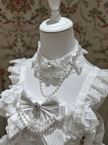 Pastel Lolita Rhinestone Bow Choker with Beaded Chain - White Sugar Girl