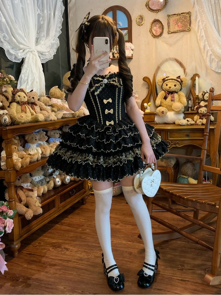 Scallop Tiered Black Boned Polka Dot Lolita Waist with Dress Trim Princess Hem