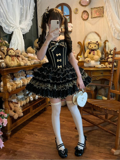 Scallop Tiered Black Boned Polka Dot Lolita Waist with Dress Trim Princess Hem