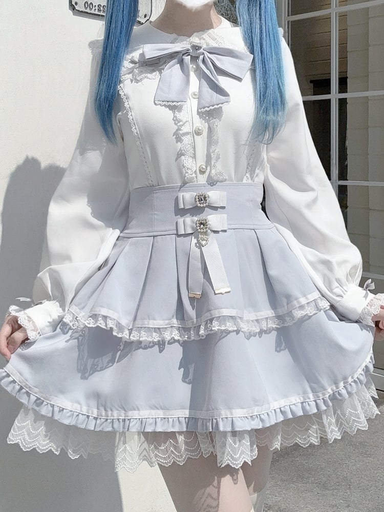 Trim Blouse Bow with Sleeve White Bunny-Ear Back Jirai Blue Kei Detail Lace Collar Long Light