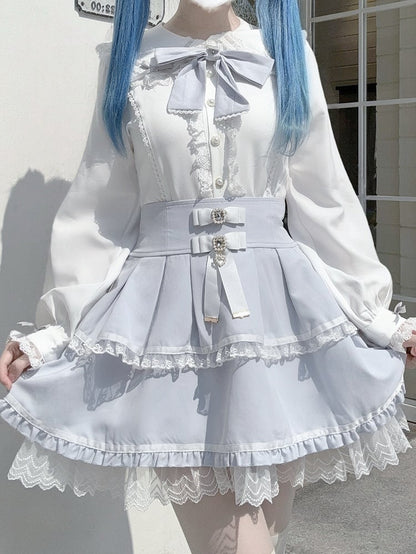 Trim Blouse Bow with Sleeve White Bunny-Ear Back Jirai Blue Kei Detail Lace Collar Long Light