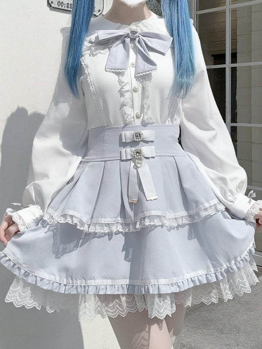 Trim Blouse Bow with Sleeve White Bunny-Ear Back Jirai Blue Kei Detail Lace Collar Long Light