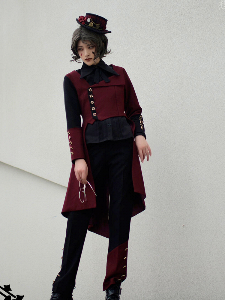 for Black Red Autumn and (Designed Lolita Buttons Pants Ouji Decorated Winter) Cuffs