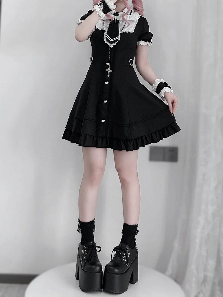 Tie Jirai Kei Set- Wrist + Black Available Lace Trim Dress + Cuffs Size Plus Shorts