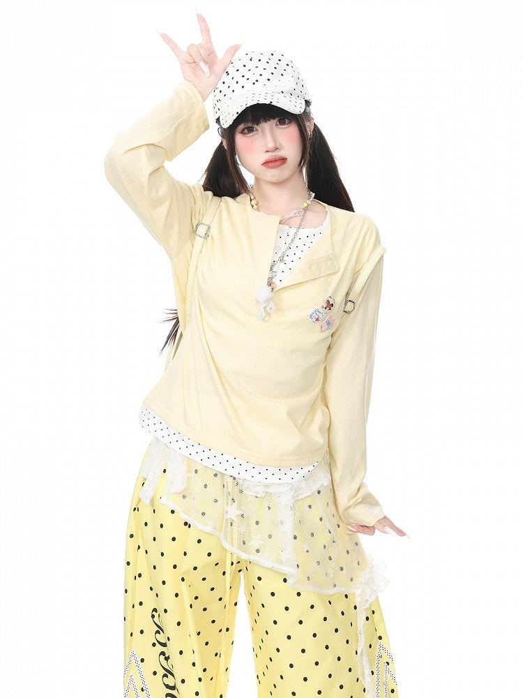 Yellow Polka Dot Fake Two-Piece Long Sleeve Top with Badge Accents - Languid Park
