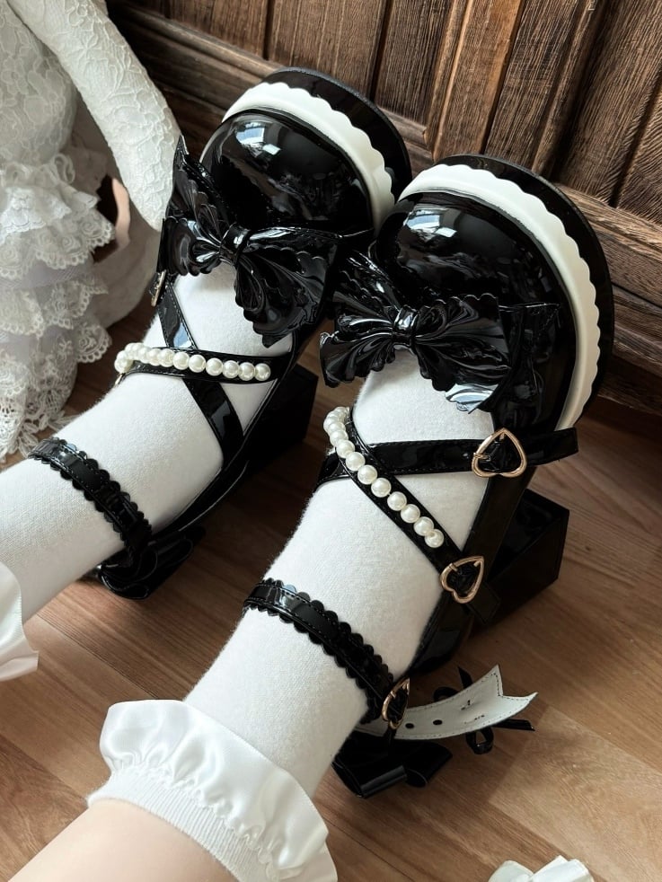 Straps Janes Crisscross Style Heel Block Lolita Black with Mary Bow High - Bead-Embellished Accents Sweet