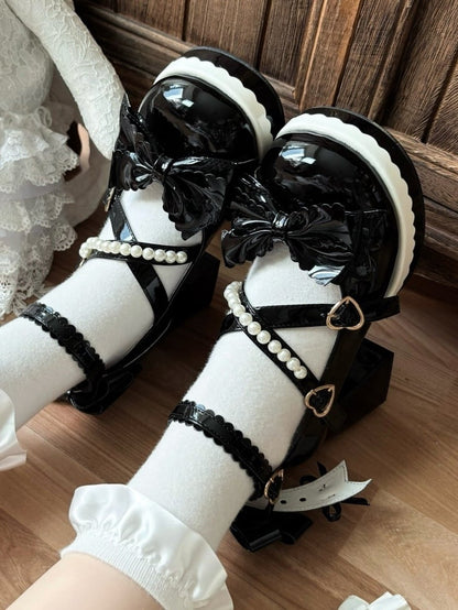 Straps Janes Crisscross Style Heel Block Lolita Black with Mary Bow High - Bead-Embellished Accents Sweet
