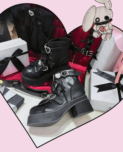 Lace-up with Jirai Buckles Rhinestones Platform Matte Boots Sweetheart Short Ankle Kei Black