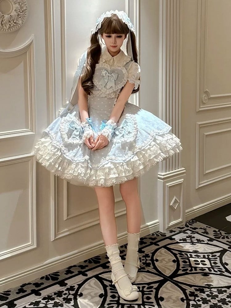 Motifs Blue and White Sweet Heart Dress Bows Lace-Trimmed Lolita with