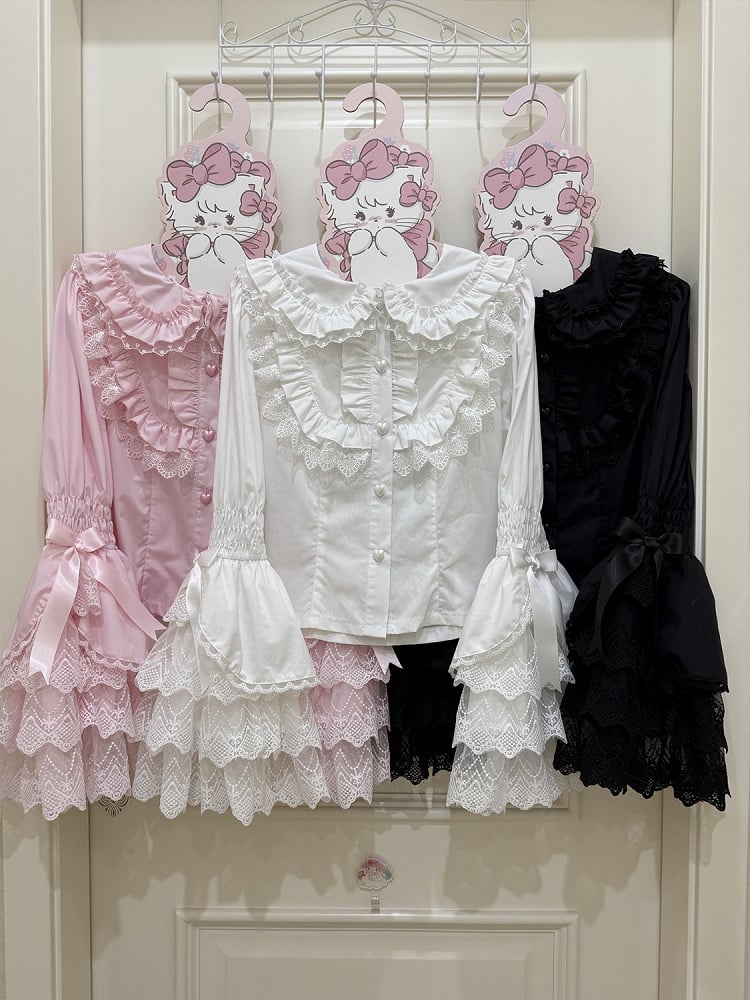 / Ohrenkragen Schwarze Ärmel Weiß Rosa Hase Langes Hemd