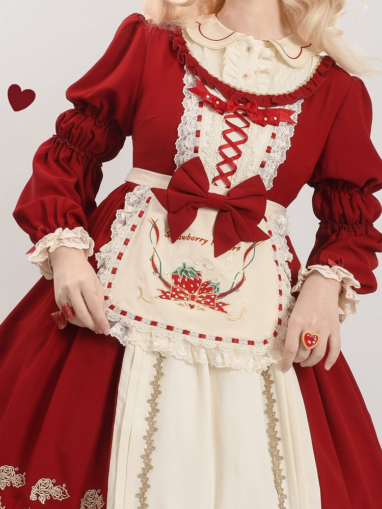 with Long-sleeved and Sweet Hem Red Apron Ruffle Beige Strawberry Embroidered Lolita Dress