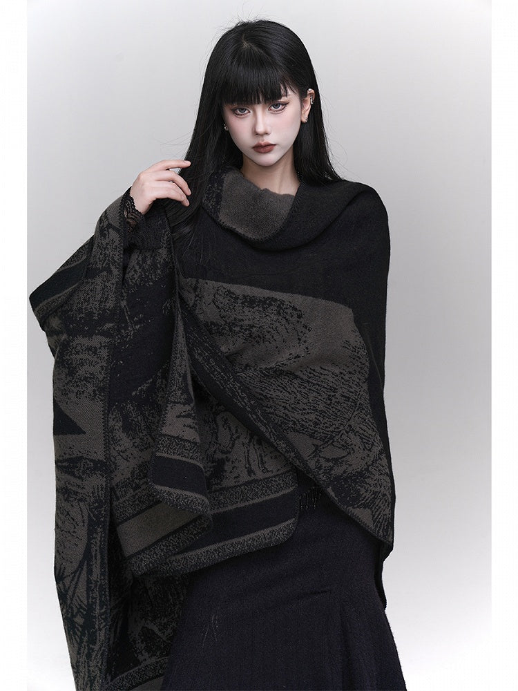 Ethnic Illustration Gothic Black Gray Poncho