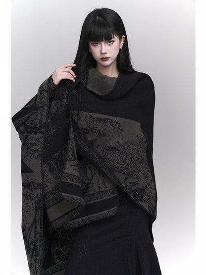 Ethnic Illustration Gothic Black Gray Poncho