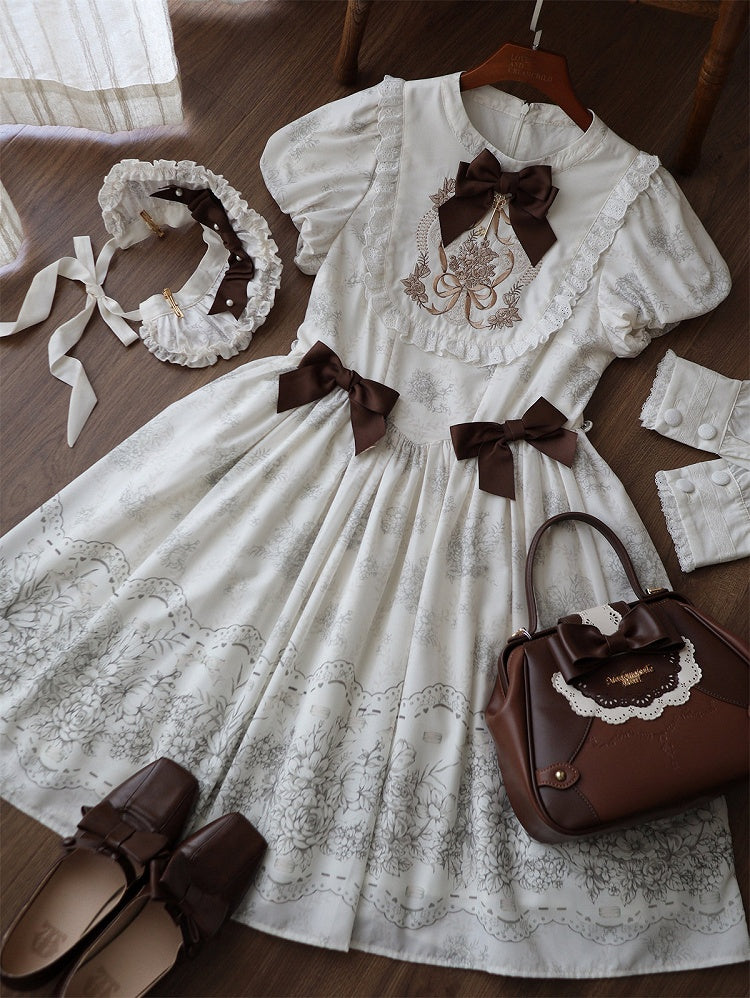 White and Piece Bodice Short Bowknot One Floral Embroidery Classic Version Lolita