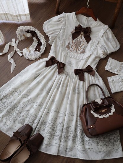 White and Piece Bodice Short Bowknot One Floral Embroidery Classic Version Lolita