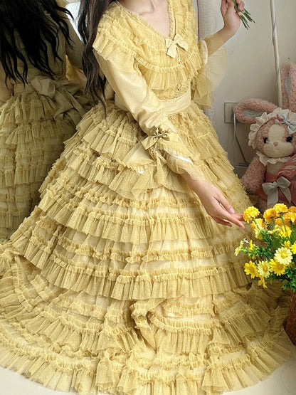 Blouse Sleeves Elegant - Bell Dotted Vest Mesh Waist Multi-layered Classic Yellow Tulle Cotton Set Belt + Lolita Skirt