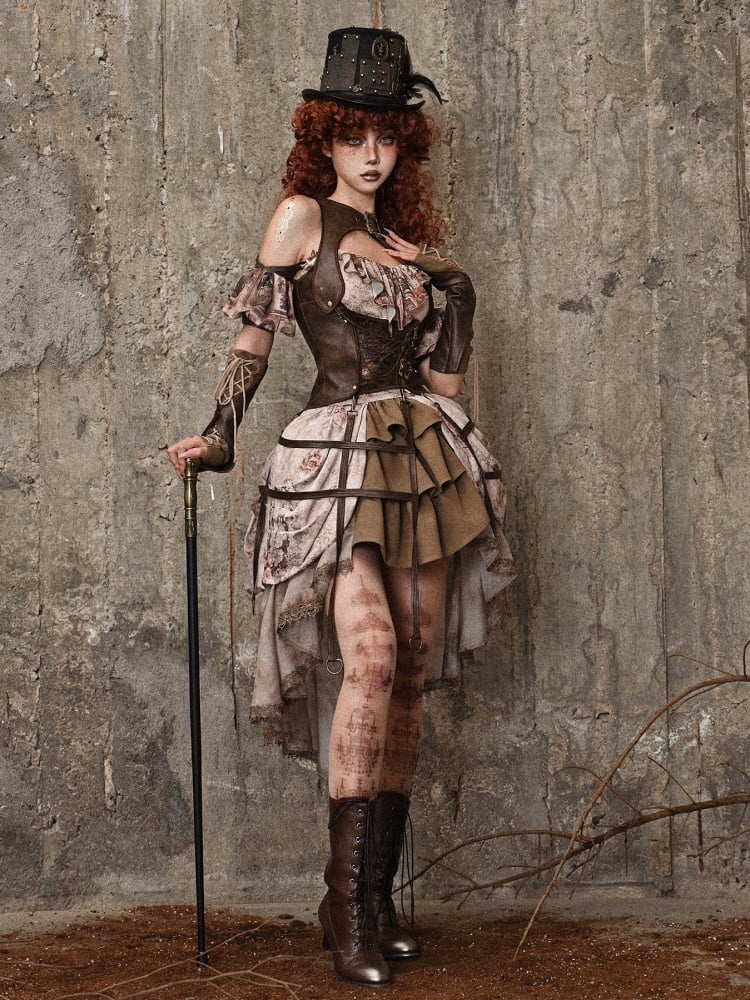 Braune Vintage Steampunk Weste aus Leder Birdcage