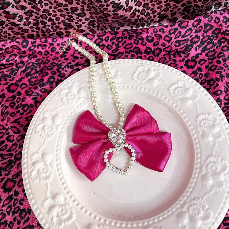 Pink/Rose Rhinestone Bow Red Gyaru Beaded Necklace Heart