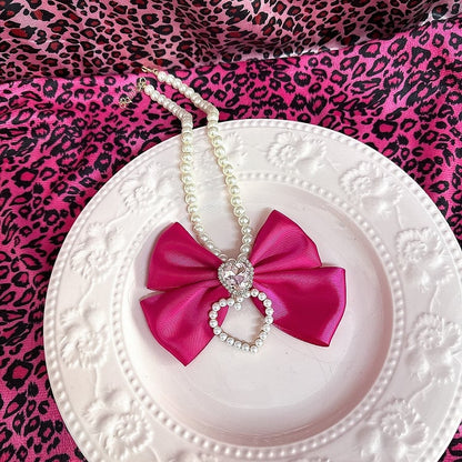 Pink/Rose Rhinestone Bow Red Gyaru Beaded Necklace Heart