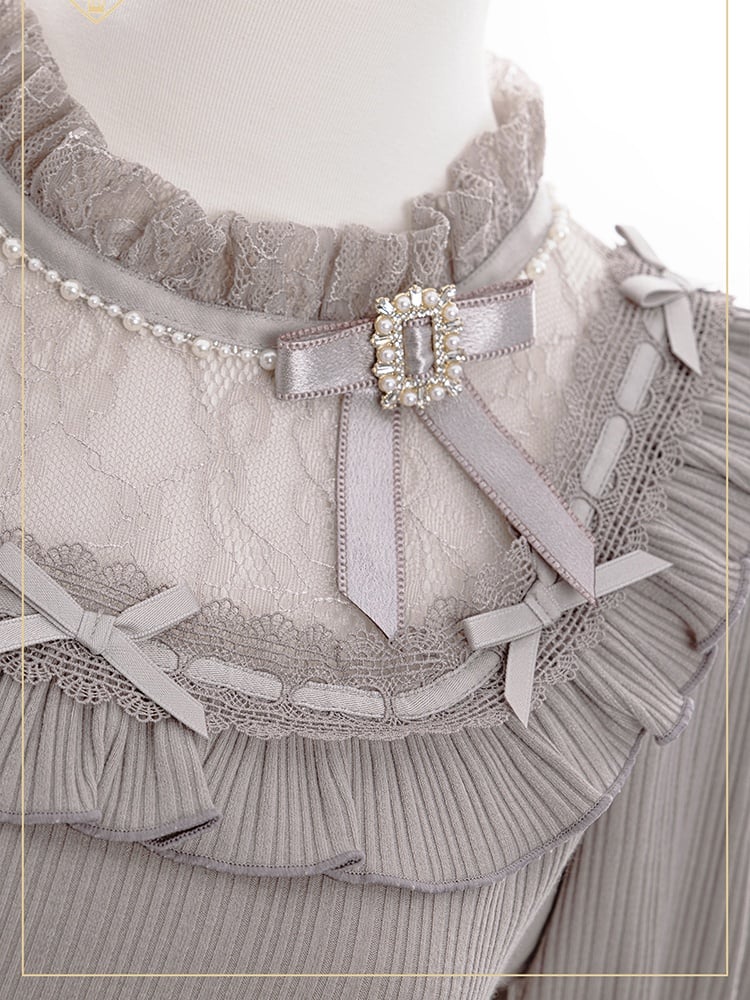 Jirai Kei Gray Blouse with Bowknot and Bead Decor, Illusion Neckline, Free Armwear - Fluffy Heart