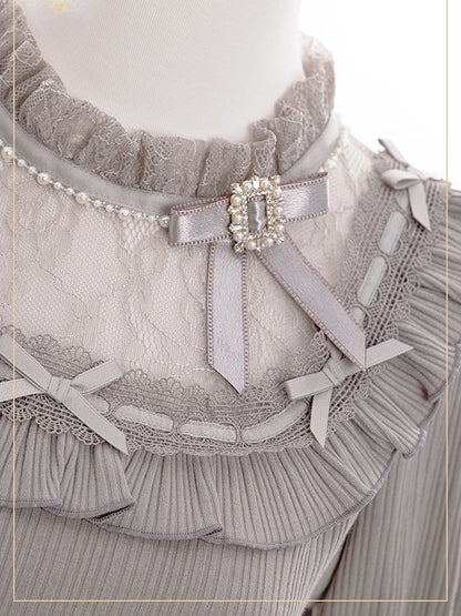 Jirai Kei Gray Blouse with Bowknot and Bead Decor, Illusion Neckline, Free Armwear - Fluffy Heart