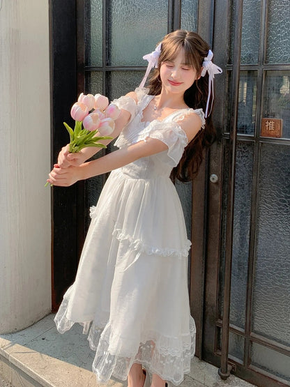 Mesh Overlay Detail with Sweet Dress White Flutter Sleeves Butterfly Neckline