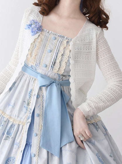 アジサイプリントのブルーのサマーフローラルドレス、フロントボタンのプラケットヘムのロリータジャンパースカート