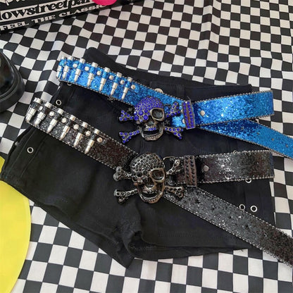 Y2K キラキラ輝くラインストーン パンクスカル弾丸ウエストベルト