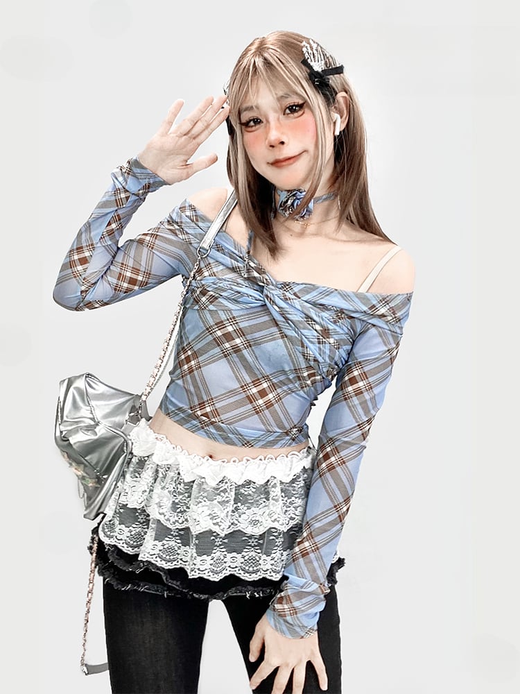 ブルーチェック柄ツイストディテールオフショルダーネックラインクロップドトップス