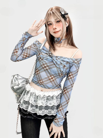 ブルーチェック柄ツイストディテールオフショルダーネックラインクロップドトップス