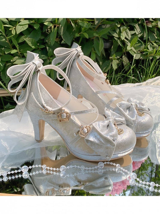 Sparkling Satin Silver 8.5cm High Heels with Crown Buckle and Bowknot - Aimee