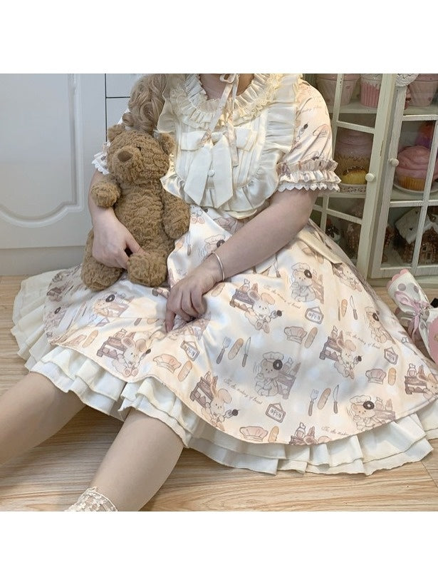 Light Yellow Bow Print Plus-Size OP Dress with Bear Motif - Versatile girl