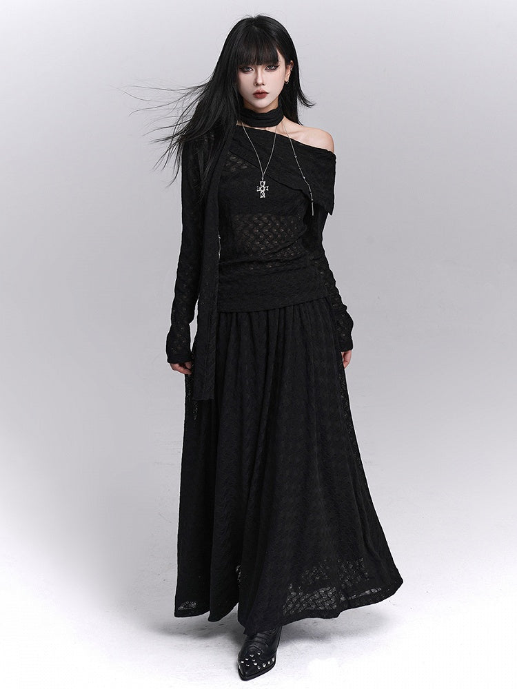 Skirt Waistband Lined Black Gothic Ankle-Length Elastic with