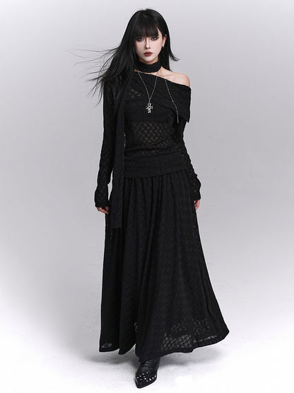 Skirt Waistband Lined Black Gothic Ankle-Length Elastic with