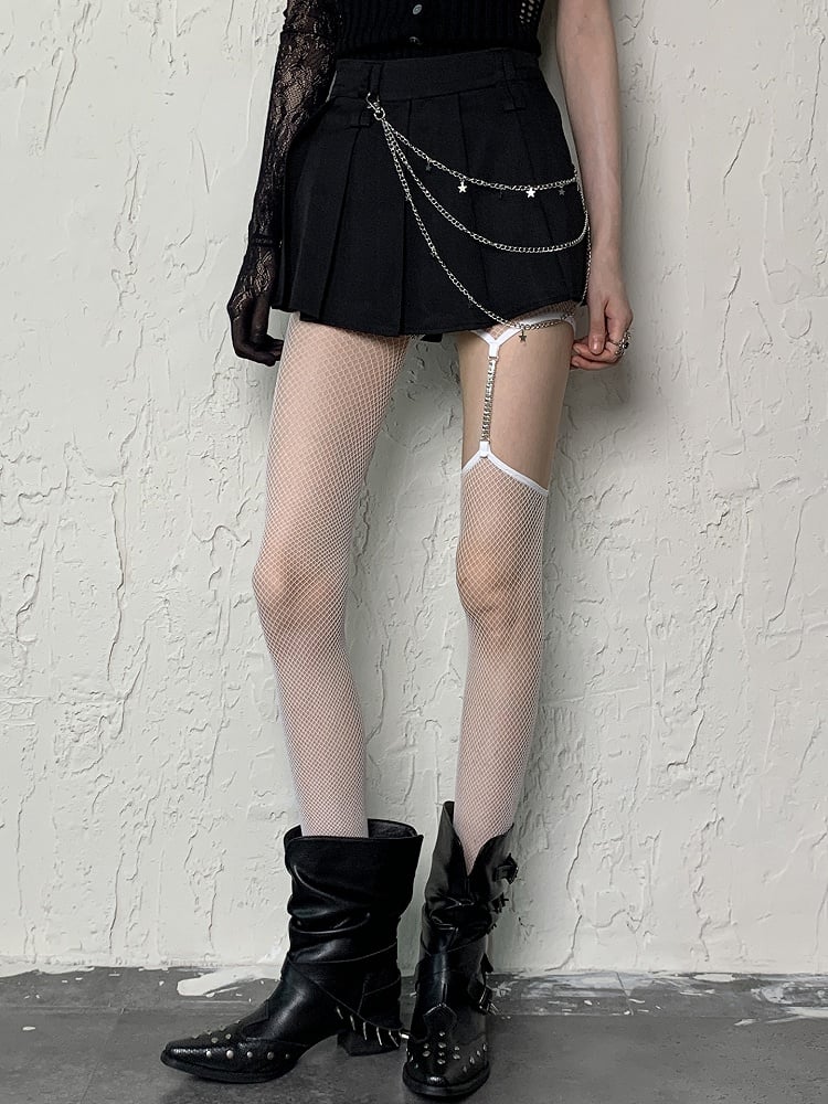 Cut-out Suspender Leg Tights White/Black Chain Design Fishnet With Y2K