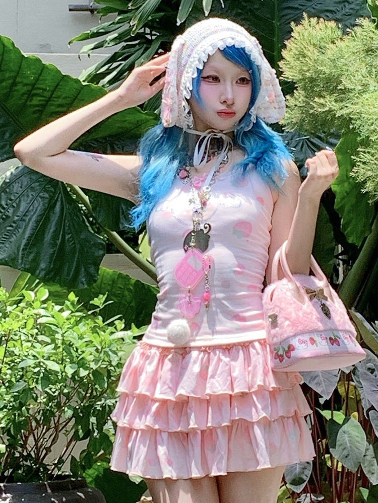 Strawberry Built-in Pink Skirt Tiered Shorts with Print