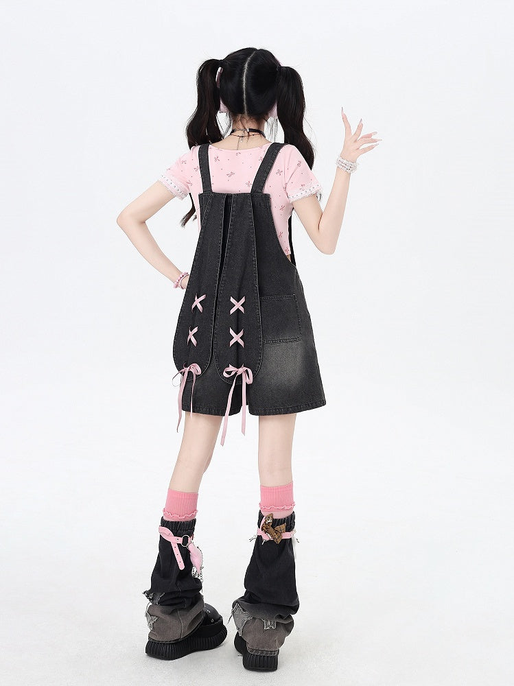 Black Bunny Ears Design Back Adorable Lace-up Denim Overall Shorts