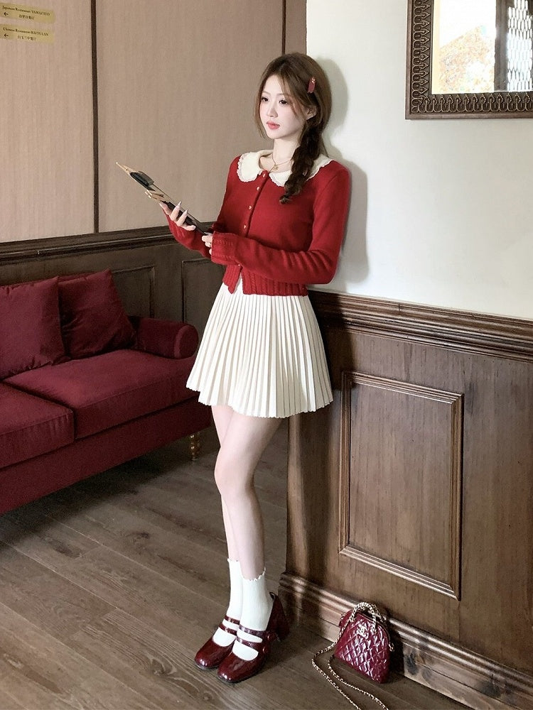 Red Knit Peter Pan Collar Cardigan with Lace - Qchiwawameme