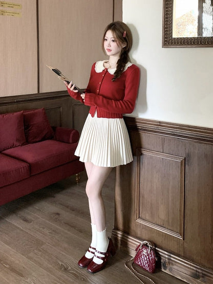 Red Knit Peter Pan Collar Cardigan with Lace - Qchiwawameme