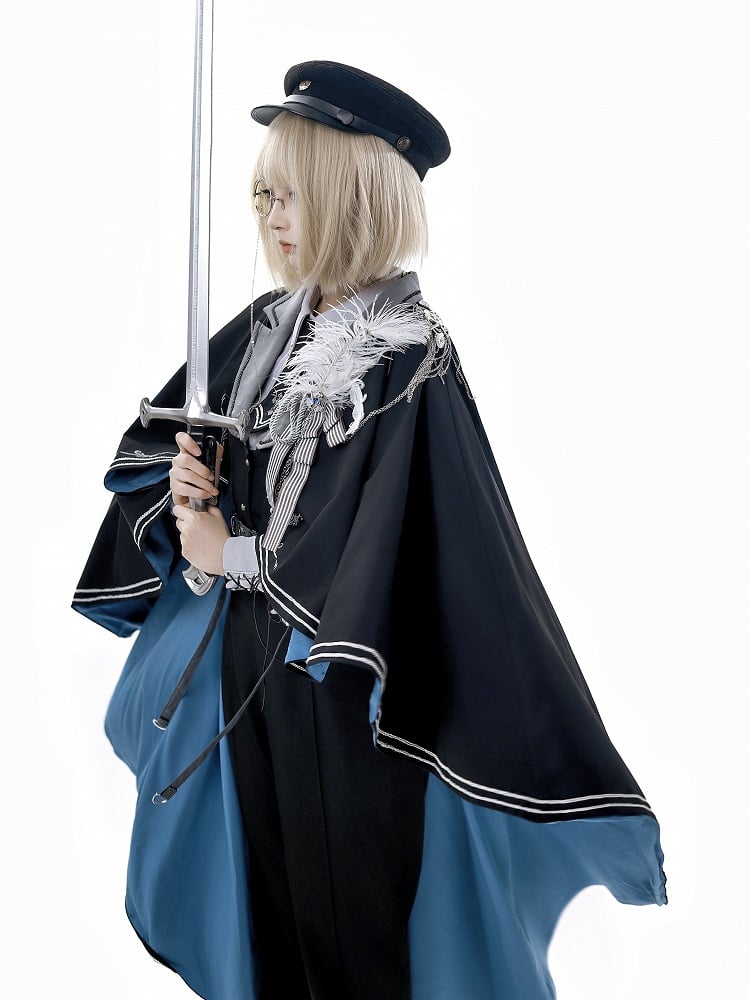 Militärweste, schwarze Hose, Ärmel, Hemd, grau + Lolita-Prinz-Outfit, lang, modisch, Ouji, Taille hoch und