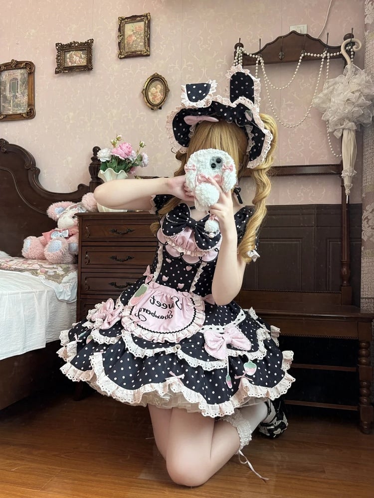 Details Bunny + Sweet OP Hairband Bow Polka Pink Strawberry Lace and Dot with Full Choker Set Lolita Dress Ear Bonnet Themed Black