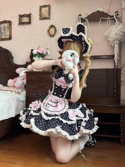 Details Bunny + Sweet OP Hairband Bow Polka Pink Strawberry Lace and Dot with Full Choker Set Lolita Dress Ear Bonnet Themed Black