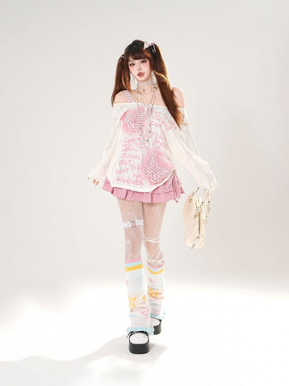 Off-the-shoulder Black/White Pink Plaid Butterfly Appliques