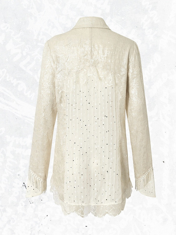 Beige Satin Lace-Trimmed Punk Shirt with Chain Accents